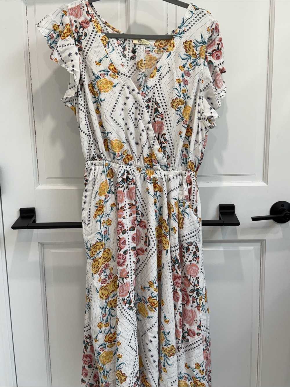 Kori White Floral Wrap-Style Midi Dress with Pink & Yellow Blooms